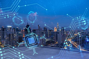 Rooftop with concrete terrace, Kuala Lumpur night skyline. Hi tech digital holograms to optimize business process by applying new technologies. City downtown. Double exposure.