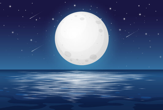 Landscape Background Illustration Of A Full Moon Night At The Ocean