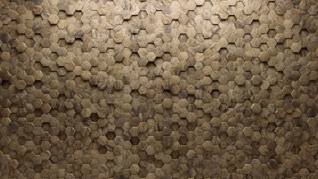 Textured Tiles arranged to create a Hexagonal wall. 3D, Semigloss Background formed from Natural Stone blocks. 3D Render