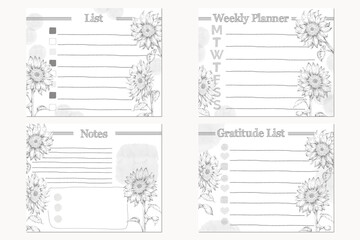 set of bullet journal template designs with hand drawn illustration of sunflowers