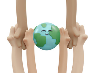 3D Rendering of hand holding happy smiley earth icon concept of World Environment Day background, banner, card, poster. 3D Render illustration cartoon style.