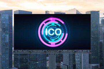ICO hologram icon on billboard over panorama city view of Singapore at sunset. The hub of...
