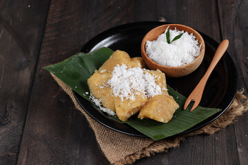 Getuk telo is a traditional food from Central Java, Indonesia. Getuk made from mashed cassava and covered with grated coconut.