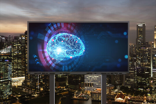 Brain hologram on billboard with Singapore cityscape background at night time. Street advertising poster. Front view. The largest science hub in Southeast Asia. Coding and high-tech science.