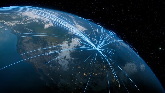 Earth in Space. Blue Lines connect Detroit, USA with Cities across the World. Worldwide Travel or Networking Concept.
