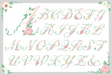 エレガントな花を使ったデザイン文字(アルファベット)のセット。ベクター素材。