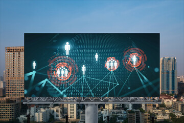 World planet Earth map hologram of social media icons over sunset panoramic cityscape of Bangkok, Southeast Asia. The concept of people connections.