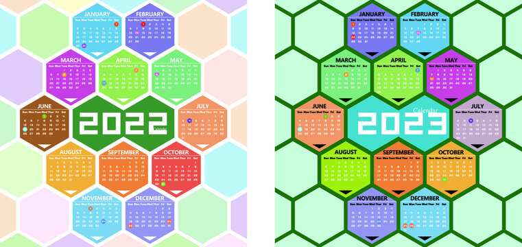 Vector year of 2022 and 2023 calendar with hexagon background