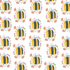 Honey Bee kids cute pattern, cute bumble bee digital paper, cartoon insects and summer flowers, nursery cute background for baby textile, scrapbooking, wrapping paper, wallpaper