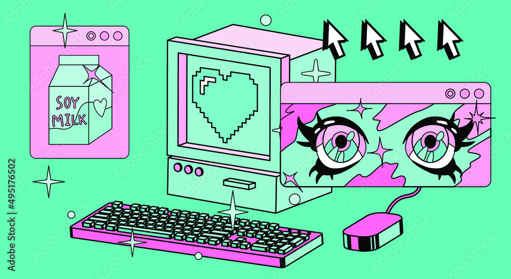 Poster restro the 90's like style collage with user interface elements and cartoon anime illustrations.