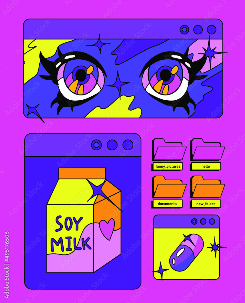 Poster restro the 90's like style collage with user interface elements and cartoon anime illustrations.