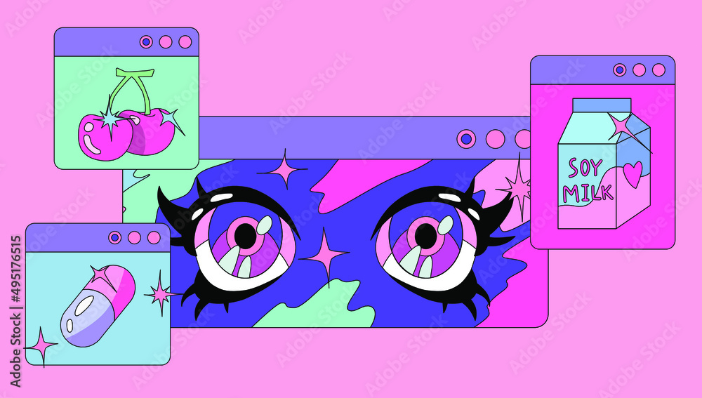 Poster restro the 90's like style collage with user interface elements and cartoon anime illustrations.