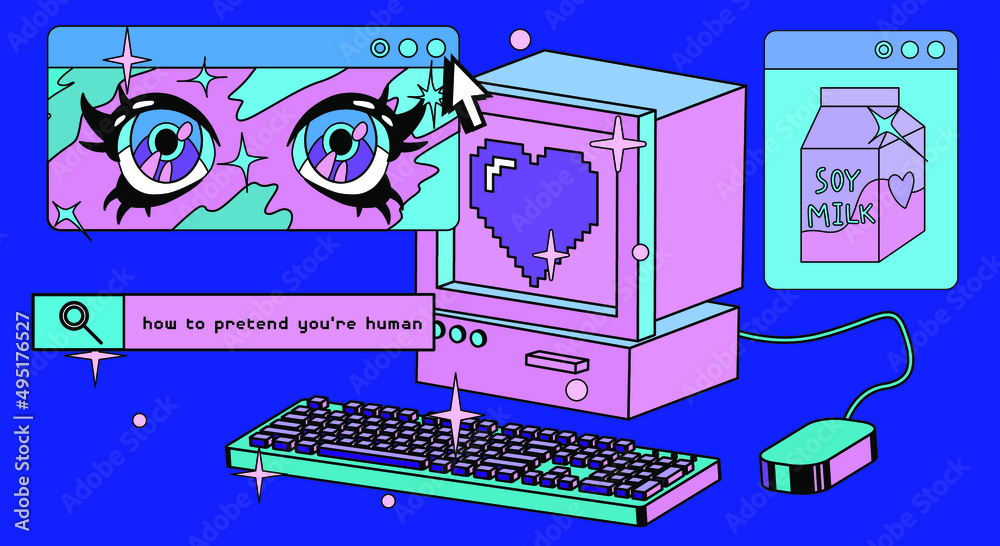 Poster restro the 90's like style collage with user interface elements and cartoon anime illustrations.