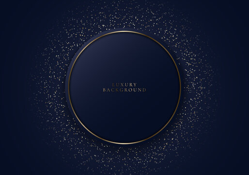 Abstract modern luxury dark blue circle shape and golden ring with gold glitter on dark background