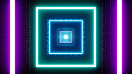 Glowing Square Neon Light Tunnel 3D Rendering