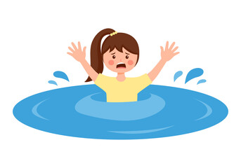 Girl child sinking in water in flat design on white background.