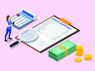 Child support vector concept. Businesswoman looking at child support form while standing with calculator and money