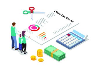 Child tax credit vector concept. Young family looking at child tax credit form while standing with scissor in the studio