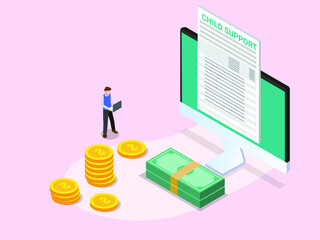 Fototapeta premium Child support vector concept. Young man using a laptop to filing child support form while standing with money