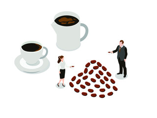 Coffee time vector concept. Two business people enjoying coffee time while standing with coffee beans shaped by heart symbol