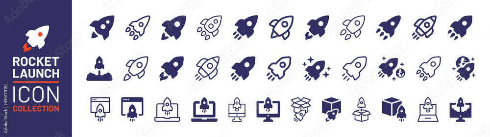 Poster rocket launch icon collection. startup symbol vector illustration.