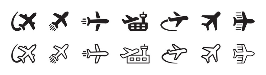 Airplane icon set. Plane symbol in black outline design. © Icons-Studio