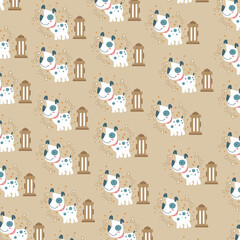 Cute pattern with dalmatian purebred dog on light brown background with fire hydrant and bones. Can be used for packaging, wrapping paper, textiles and others.