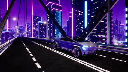 Futuristic transport car on highway in metaverse city. 3d render