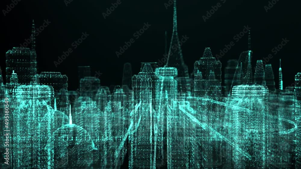 Poster Futuristic digitally generated 3d holographic city in 360 degree rotation for head up display and user interface design