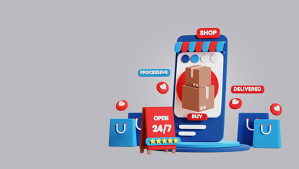 Online shopping, 3d illustration, 3d rendering.