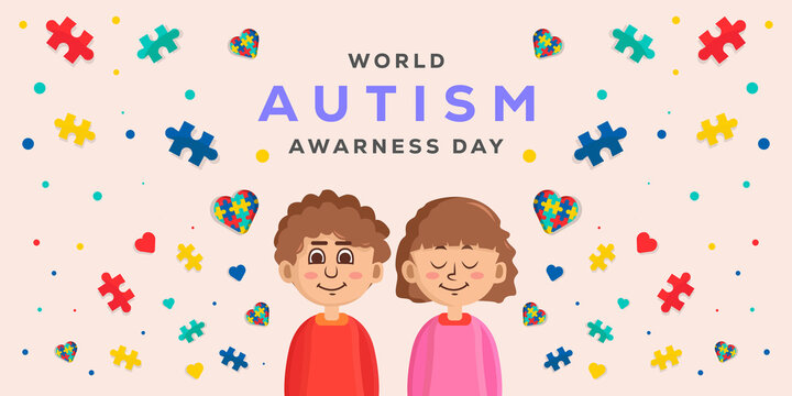 world autism awareness day illustration with two child and puzzle pieces