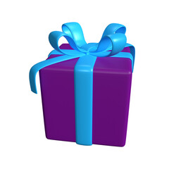 3D Purple Gift Box isolated on solid background with blue ribbon. 3d rendering