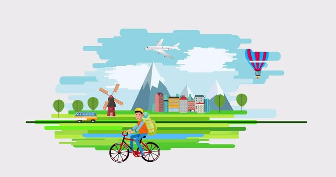Cyclist tourist rise cycle in the countryside landscape, cartoon animation footage