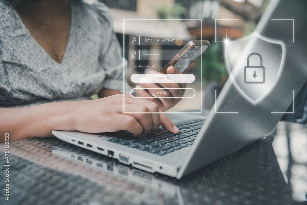 Poster personal data access and technology security for business financial. business woman using mobile whi