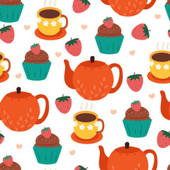 seamless pattern hand drawing cartoon tea pot, cup of tea and dessert. food and beverage wallpaper for textile, fabric print