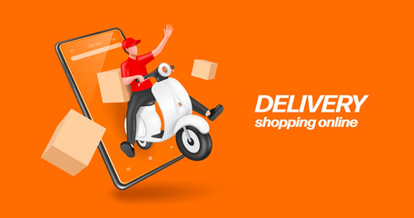 Male employees sit on scooters to deliver parcels or deliver food waving a hand to invite to use service and there were parcel boxes floating around.all floating on  smartphone for delivery concept