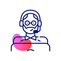 Middle aged man wearing a headset and working as a call center agent at a laptop. Pixel perfect, editable stroke fun color icon 