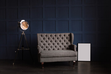 Stylish spotlight lamp with a gray carriage-type sofa on a blue wall. paintings in the interior