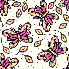 COLORFUL BATIK PATTERN WITH DRAWING BUTTERFLY. BATIK SEAMLESS PATTERN