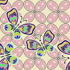 COLORFUL BATIK PATTERN WITH DRAWING BUTTERFLY. BATIK SEAMLESS PATTERN