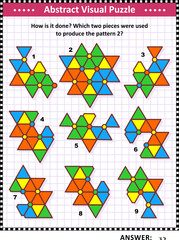 Abstract visual puzzle: How is it done? Which two pieces were used to produce the pattern 2? Answer included.
