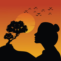 Silhouette of woman with sunset