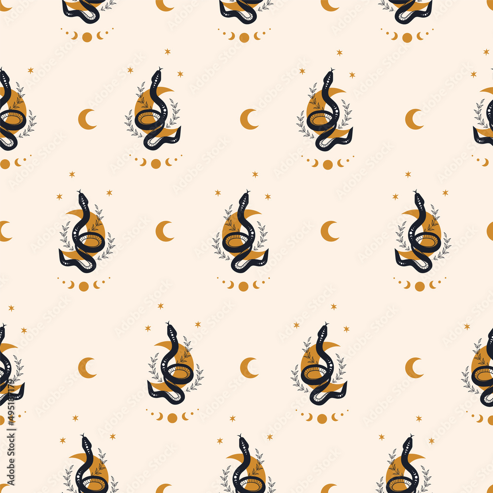 Wall mural seamless pattern with boho magic snake and moon. mystical symbol in a trendy minimalist style. esote