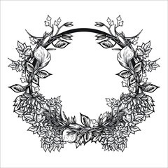 Floral wreath with tree leaves. Hand drawn illustration converted to vector
