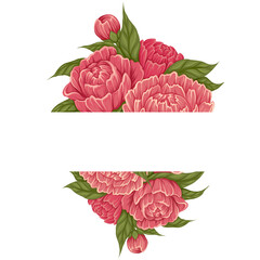 Vector card template with cartoon illustration of peony flowers with foliage and copy space. Postcard with natural frame of floral bouquet