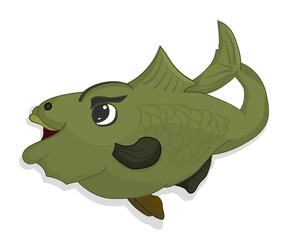 cartoon green bass fish with open mouth white background