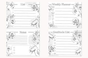set of bullet journal template designs with hand drawn flower illustrations