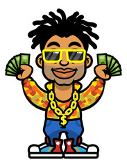 Cartoon illustration of Dreadlocks men wearing expensive and branded outfit with gold accessories and showing his money, best for mascot, logo, and decoration with business and finance themes