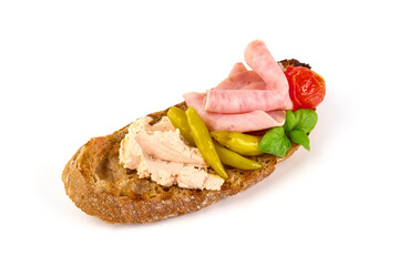 Crostini with various toppings, isolated on white background. High resolution image.