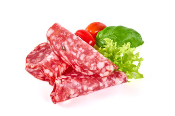 Italian Salami with basil leaves, isolated on white background.